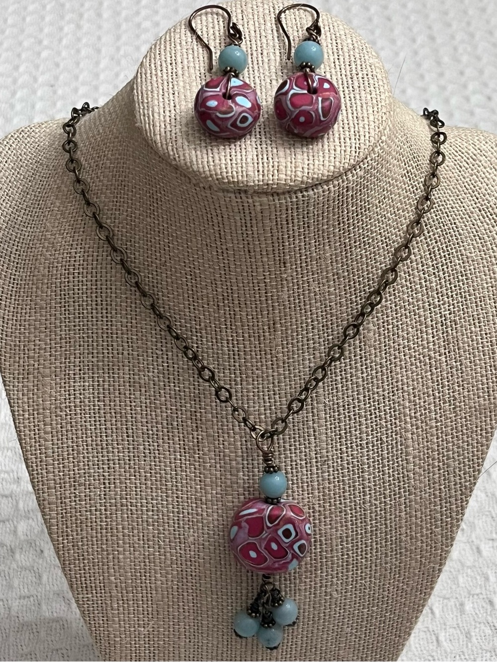 NEW Handmade Pink & Blue Art Bead Necklace & Earrings Set